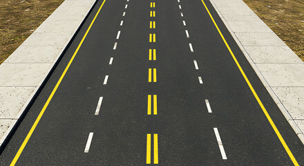An aerial view of a freshly paved asphalt road with clear yellow and white lane markings leading into the distance