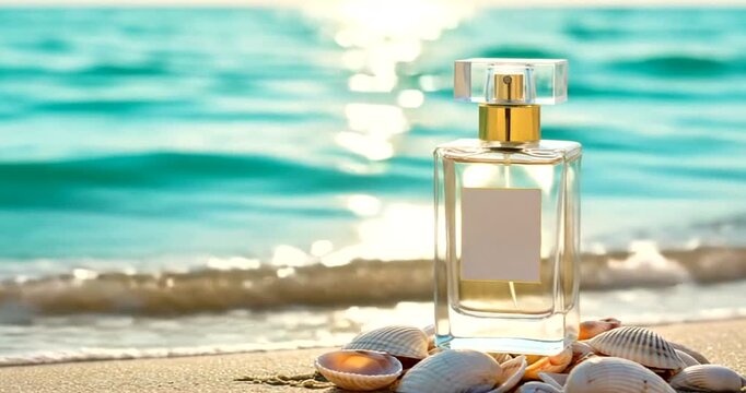 Elegant perfume bottle on sandy beach near ocean waves
