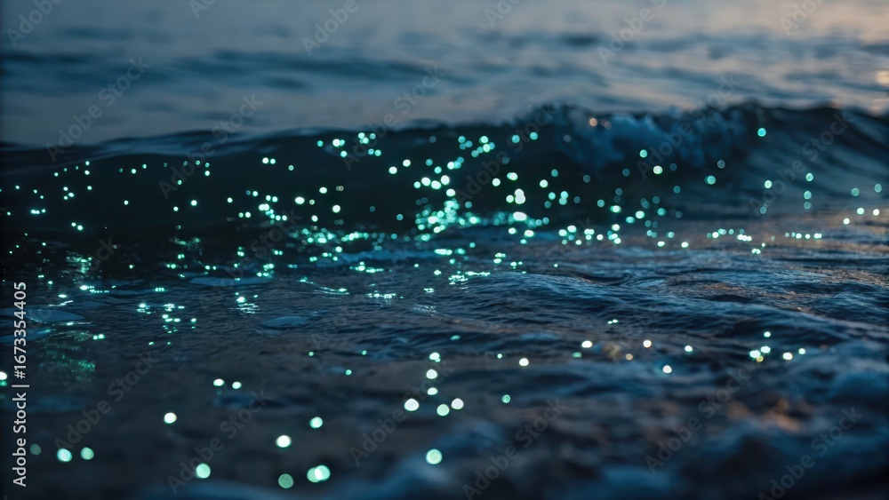 Poster plankton bioluminescence sparkling ocean waves under soft light create a tranquil and mesmerizing sc