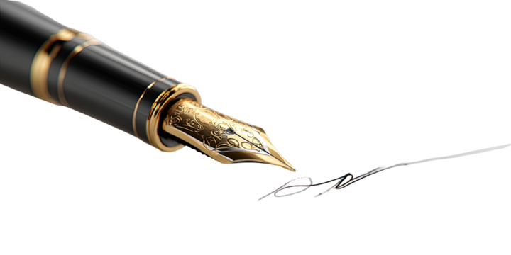 Close-up of a fountain pen with a gold nib and ink signature