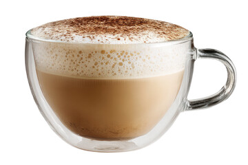 A double-walled glass cup of cappuccino