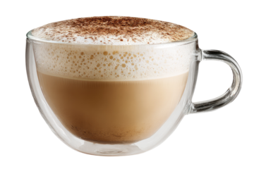 A double-walled glass cup of cappuccino