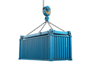A blue shipping container being lifted by a crane