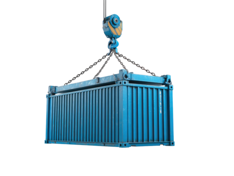 A blue shipping container being lifted by a crane