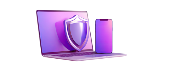 Digital security graphic of laptop and phone protected by shield