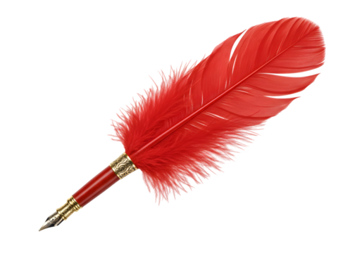 Vibrant Red Quill Pen A Symbol of Elegant Writing and Artistic Expression on transparent background