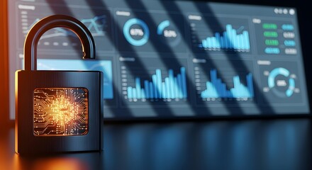 Padlock with digital data inside the lock, with data charts and graphs displayed on a screen in the background.