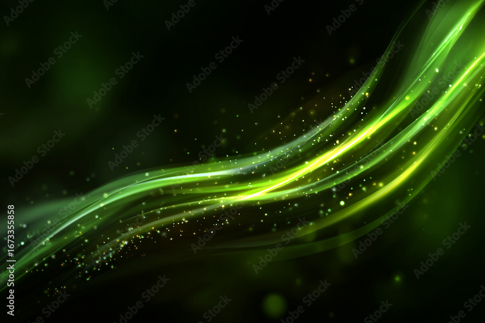 Poster abstract green glowing waves with sparkling particles on dark background
