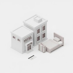 Minimalist Hotel and Travel Scene with Bed and Suitcase