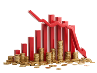 Red bar graph declining over gold coins
