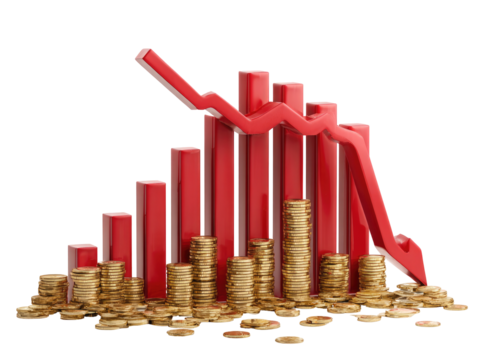 Red bar graph declining over gold coins