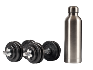 Pair of black dumbbells and a silver water bottle