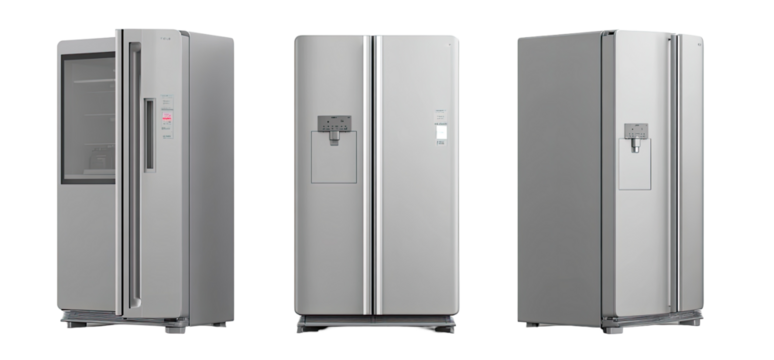 Three views of a modern gray refrigerator