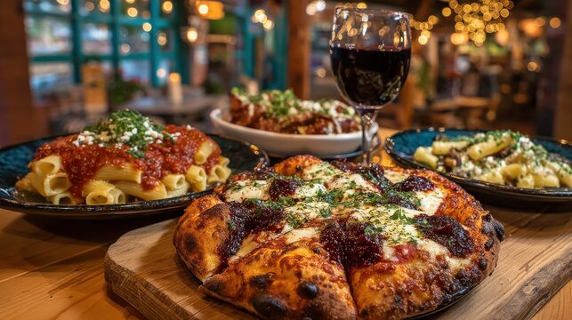 A delicious pizza and pasta dishes served with a glass of red wine on a table in a cozy restaurant