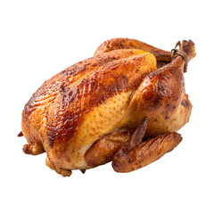 Delicious golden whole roasted chicken, freshly prepared and ready to serve, perfectly isolated on a transparent background.
