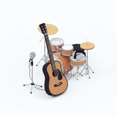 Naklejka premium 3D Isometric Icon of Acoustic Guitar, Drum Set, and Microphone on Minimal White Background, Music Instrument Illustration for Band, Studio, Concert, and Audio Production Elements