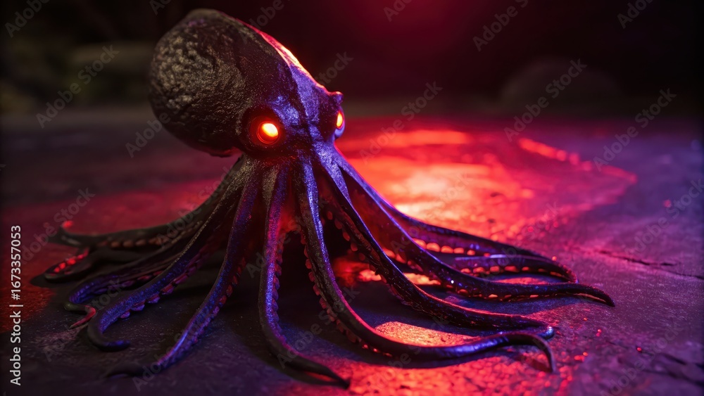 Poster vampire squid light display a glowing octopus with vibrant colors rests on a textured surface.