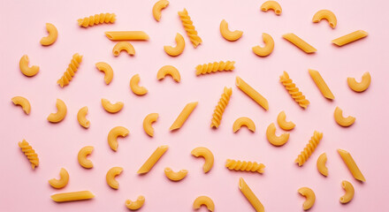 Minimalist macaroni pasta scattered randomly on pastel pink background as modern abstract stock photo concept