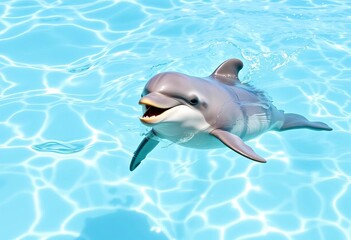 Obraz premium Smiling dolphin calf playfully swims in crystal-clear white water, happy dolphin, baby dolphin