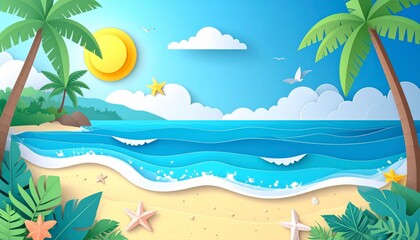 Obraz premium Vector cartoon illustration of a tropical beach with palm trees, a vibrant sun, and the sea for a summer vacation
