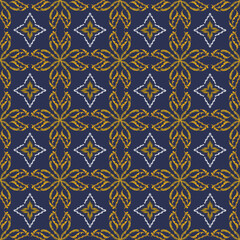 A vibrant blue and yellow pattern with a dynamic, symmetrical design featuring intricate motifs.