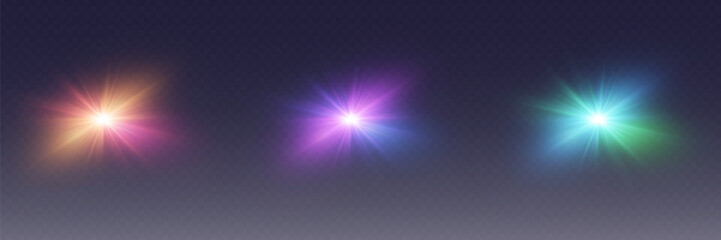 Colorful lens flare light effect set on transparent background