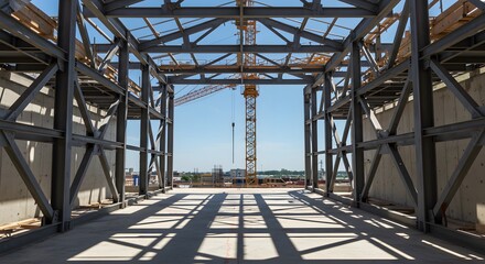 Fototapeta premium Steel Structure with Yellow Crane at Construction Site Under Blue Sky