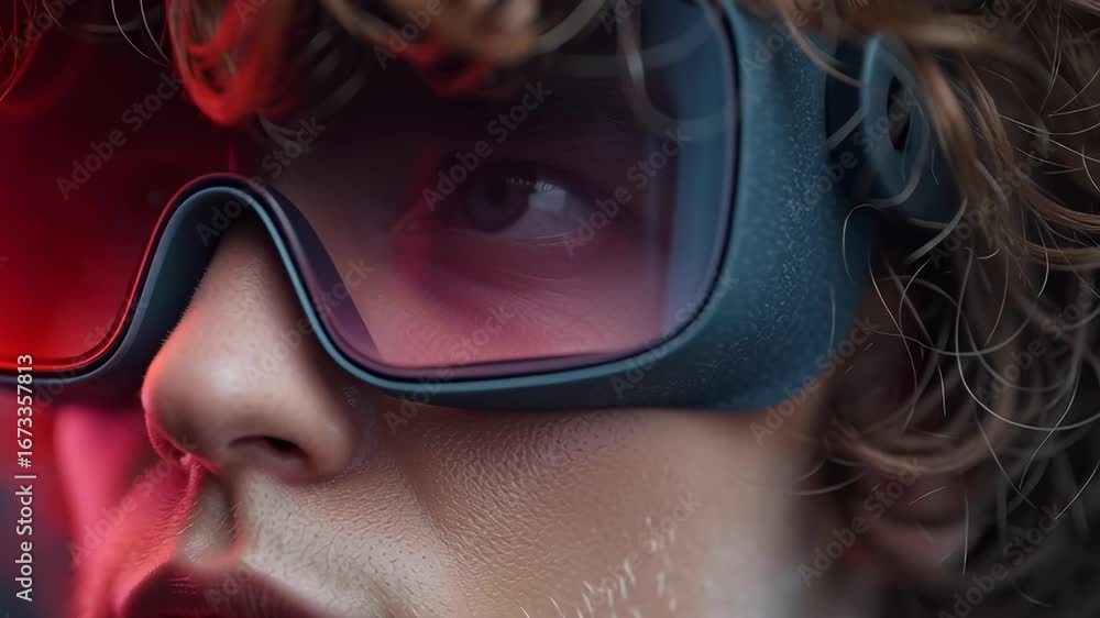 Poster close-up view of a person wearing stylish glasses with colorful reflections in a modern urban settin