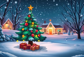 Obraz premium Whimsical cartoon Christmas tree, glowing lights, snowy scene, enchanting winter wonderland, sparkle, cozy