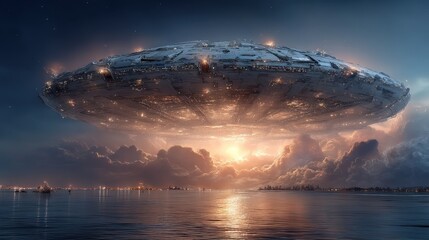 Massive alien spaceship hovering over a city at dusk with glowing lights and clouds