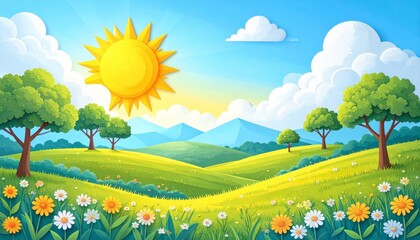 Fototapeta premium A vibrant summer landscape with green grass, blooming flowers, and a blue sky full of soft clouds