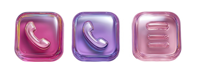 Three square icons, phone and media, in frosted glass effect