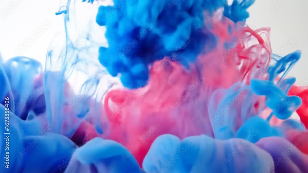 Poster mesmerizing blue and pink ink clouds creating abstract forms against a white background for fluid ar