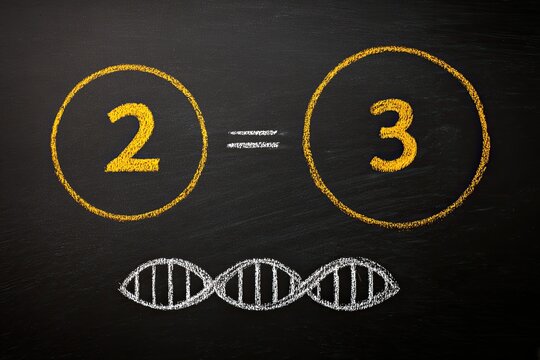 Chalkboard equation with DNA.  Two equals three.  Scientific concept