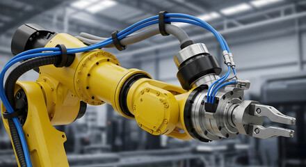 Close Up Bright Yellow Robotic Arm with Silver Claw and Blue Cables in Blurred Industrial Factory Setting