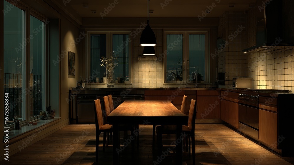 Poster minimalistic kitchen table with empty surface in high-resolution realistic interior, upper-corner vi
