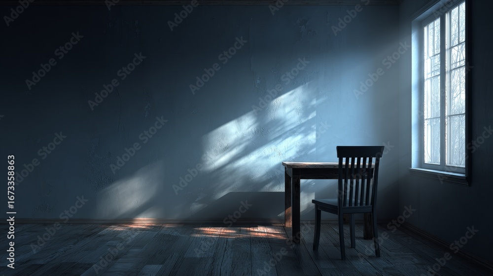 Poster minimalistic kitchen table with empty surface in high-resolution realistic interior, upper-corner vi