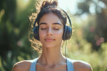 Active Indian woman in sportswear uses a smartphone on a yoga mat in the park, combining fitness with relaxation and wellness in a natural environment, Generative AI