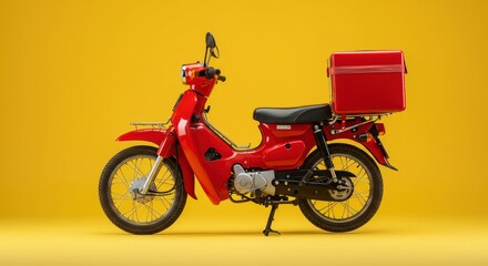 Red motor scooter with delivery box on yellow background