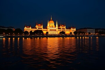 Obraz premium Welcome to Hungary – glowing riverside sign on the Danube facing Budapest’s Parliament at night, ultra HD. 