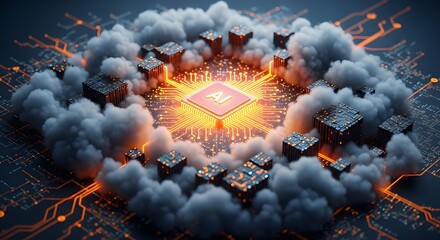 A glowing AI chip is surrounded by cloud formations, connected to a circuit board with orange lines, representing cloud computing and artificial intelligence.