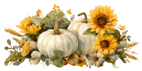 Autumnal arrangement of pumpkins, sunflowers, and fall foliage