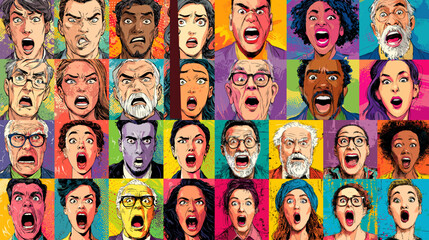 Pop art illustration of expressive faces in bold vibrant colors. Perfect for contemporary posters, comic-style artwork, psychology themes, and modern cultural design.