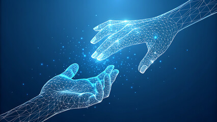 Two digital wireframe hands reaching towards each other connection technology