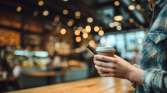 Woman is holding a coffee cup and a cell phone in a busy cafe. Concept of satisfaction