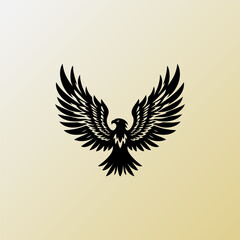 Flying eagle silhouette with wide open wings isolated on gradient background