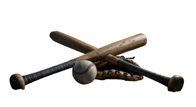Two baseball bats crossed, with a ball and a glove
