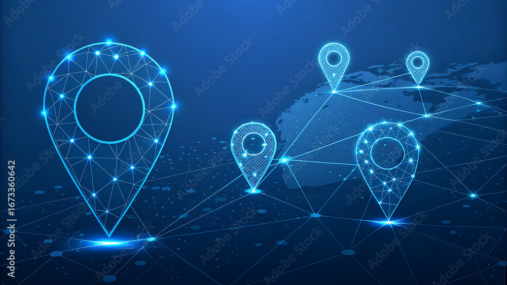 Poster network of location pins across a digital world map background navigation