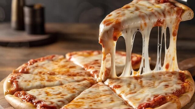 Hot cheese pizza slice being pulled with melted mozzarella and golden crust