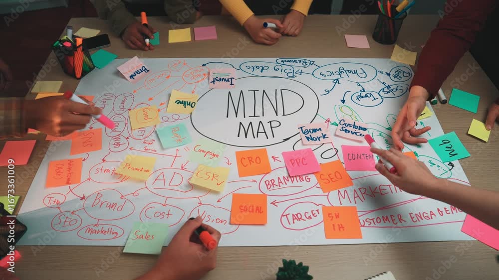 Poster a vibrant workspace featuring diverse hands collaborating on a colorful mind map filled with sticky 